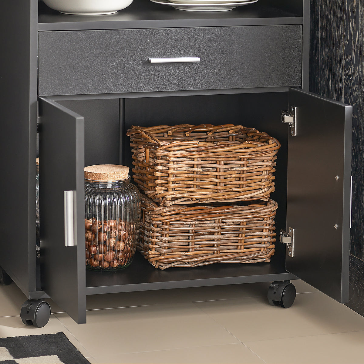SoBuy FSB09-SCH, Kitchen Trolley with Wheels and Extendable Worktop Microwave Stand Storage Unit with Cupboard Small Mobile Kitchen Cart Cabinet for Home, Office or Dining Room 92x59x40cm, Black