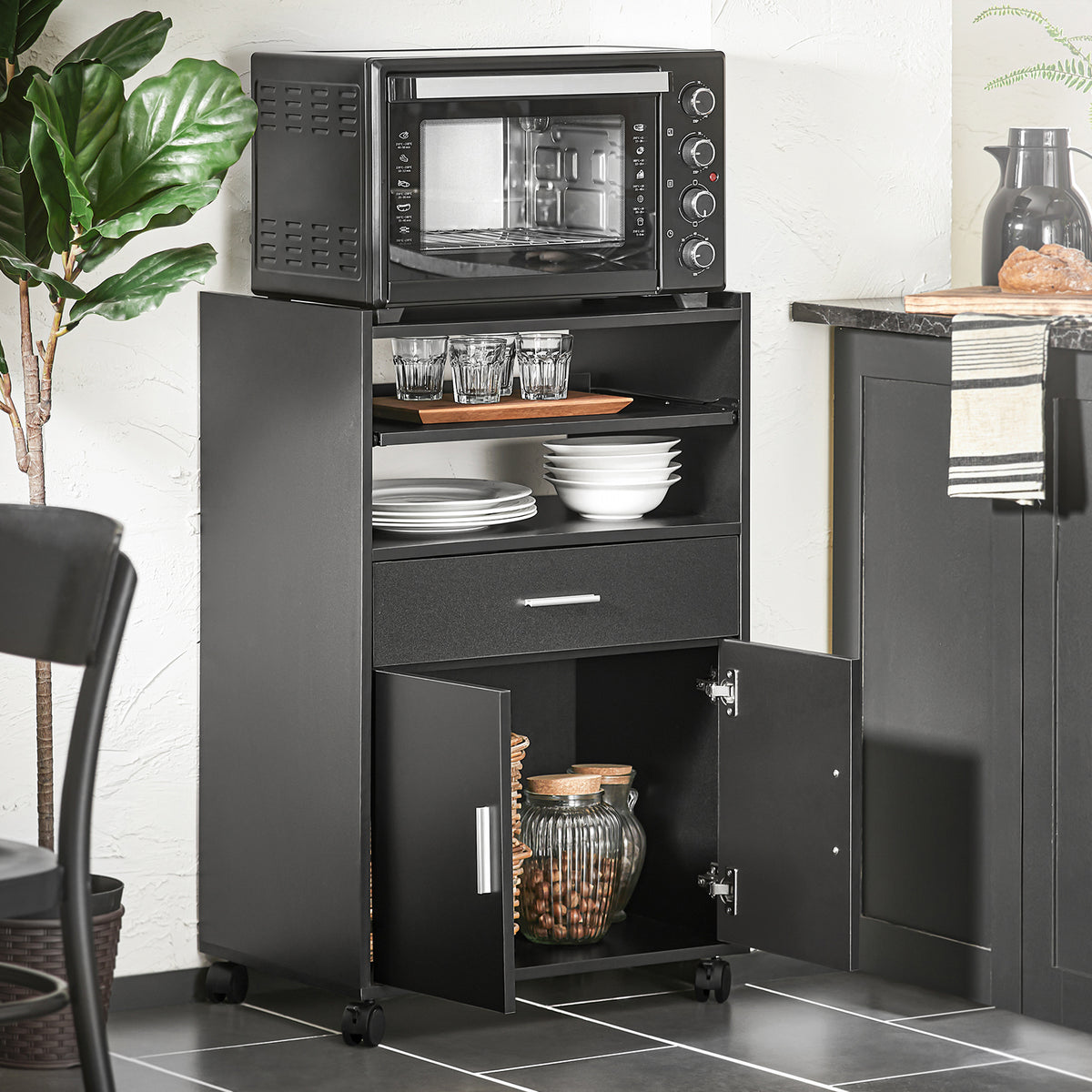 SoBuy FSB09-SCH, Kitchen Trolley with Wheels and Extendable Worktop Microwave Stand Storage Unit with Cupboard Small Mobile Kitchen Cart Cabinet for Home, Office or Dining Room 92x59x40cm, Black