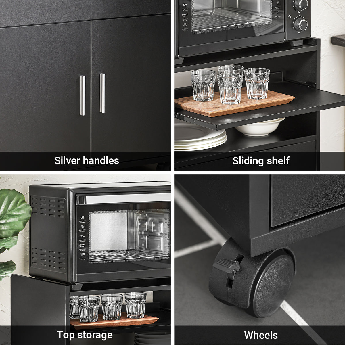 SoBuy FSB09-SCH, Kitchen Trolley with Wheels and Extendable Worktop Microwave Stand Storage Unit with Cupboard Small Mobile Kitchen Cart Cabinet for Home, Office or Dining Room 92x59x40cm, Black