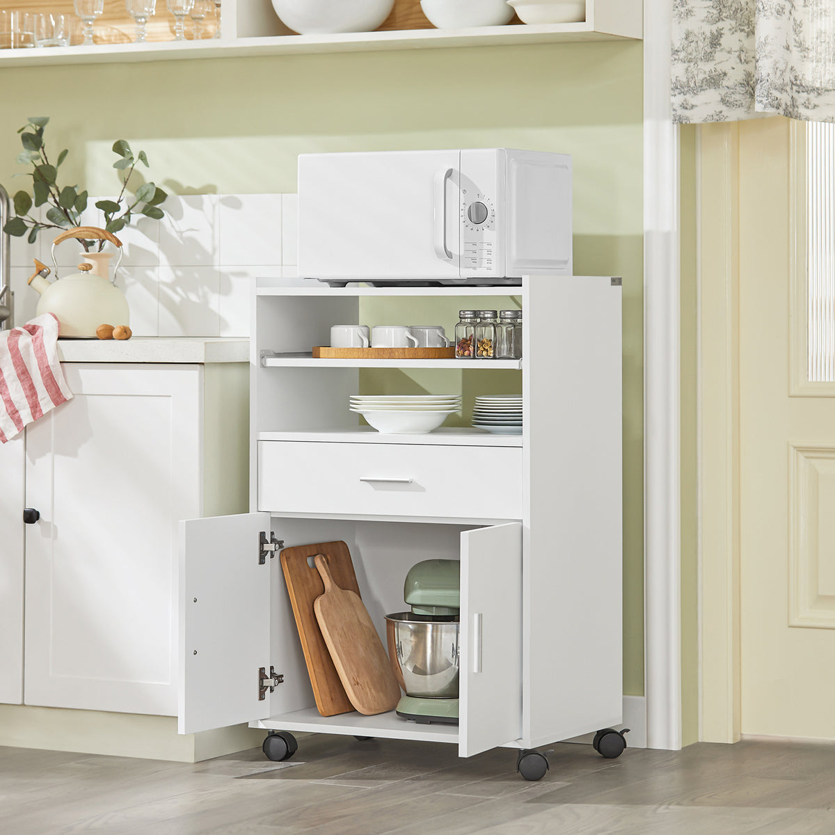 SoBuy FSB09-W Kitchen Trolley Kitchen Island with Wheels Microwave Stand Storage Unit Coffee Station Cabinet Small Mobile Cart Cabinet for Home, Office or Dining Room 92x59x40cm, White