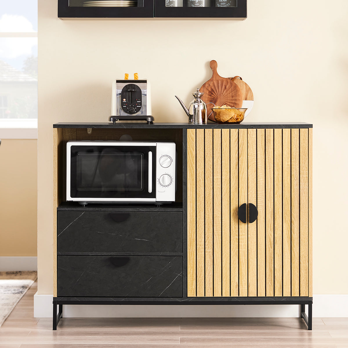 SoBuy FSB103-N, sideboard cabinet kitchen cupboard with microwave shelf Ø6 cm & wine-glass rack, adjustable shelf, raised metal legs, storage unit for kitchen & living room oak black look 107×40×85 cm
