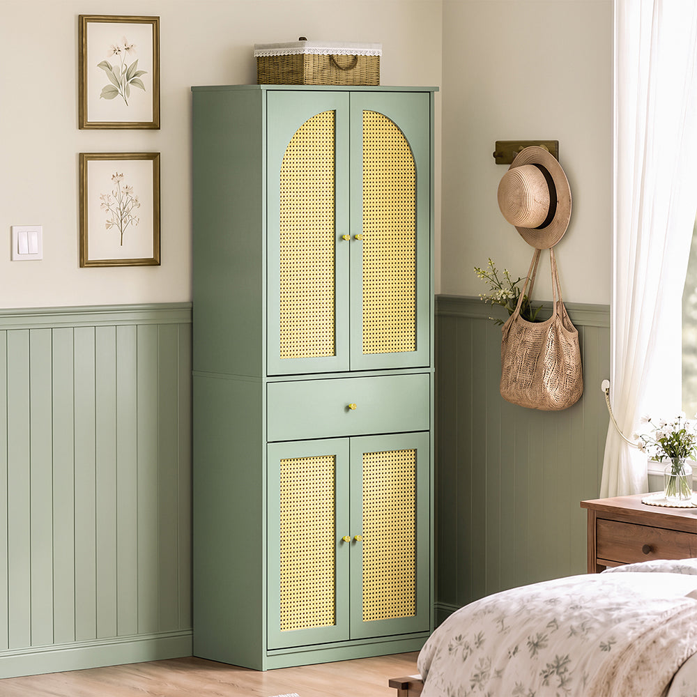 SoBuy FSB107-GR, Tall Shoe Cabinet with 4 Doors & Hanging Rod, Rattan, Green, 70x34x180cm - view 8