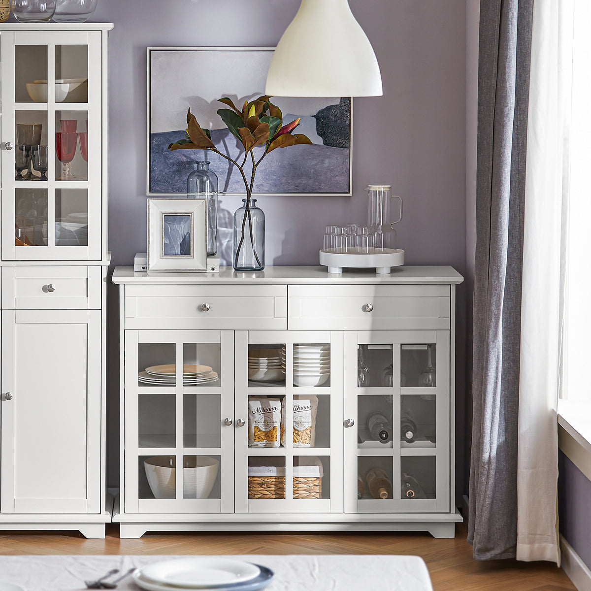 SoBuy FSB77-W white sideboard styled in a modern dining room – lifestyle scene