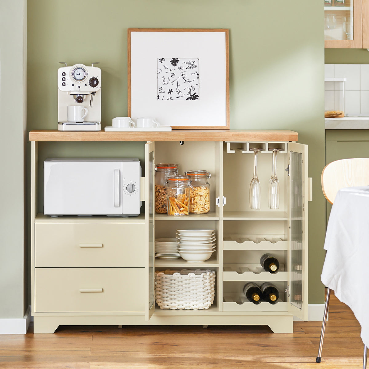 SoBuy FSB81-MI, Kitchen Sideboard Cabinet with Microwave Shelf and Wine Rack – White Storage Cabinet 120cm with Glass Doors Modern Buffet for Dining Room, Living Room or Hallway 120x90x40cm Beige