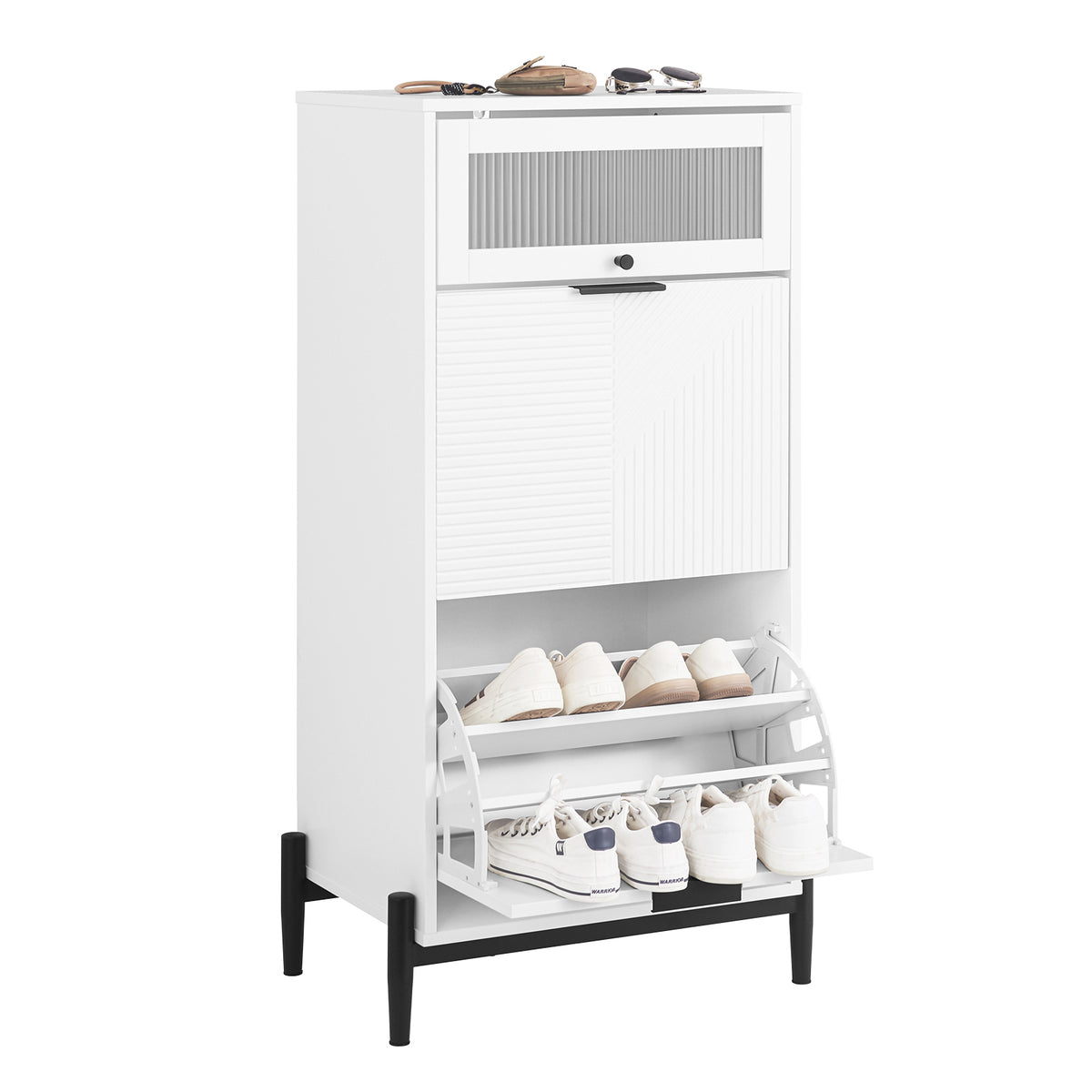 SoBuy FSB95-W, Shoe Cabinet Shoe Storage Cupboard with 2 Flip-drawers and 1 Glass Door, White