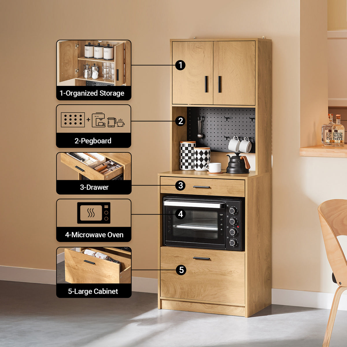 SoBuy FSB98-N tall kitchen cabinet full product overview – oak effect sideboard with pegboard, microwave shelf and drawers