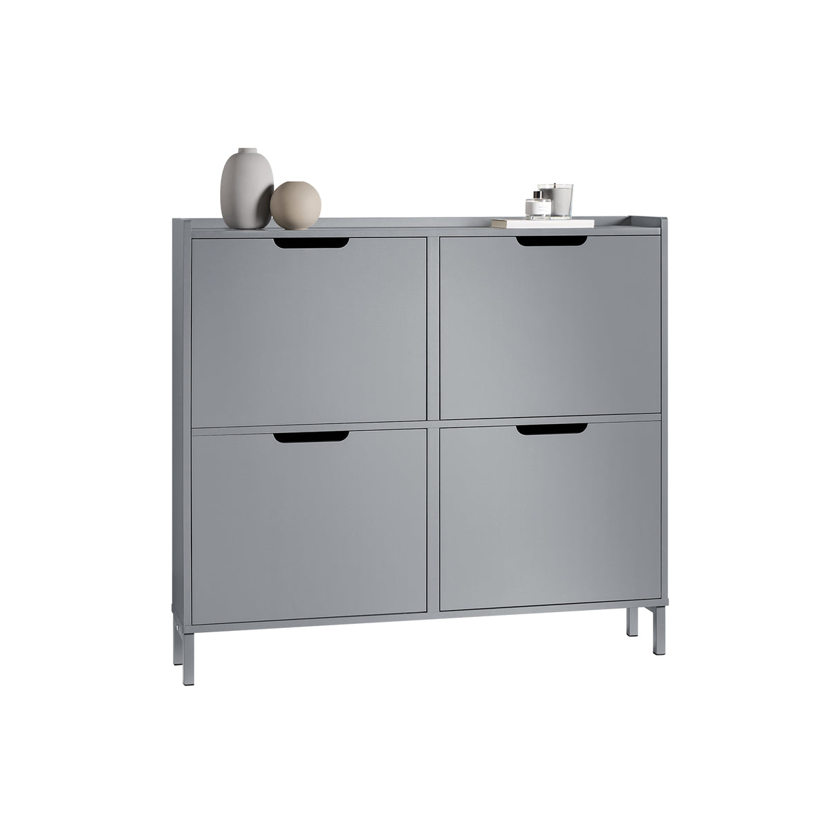 SoBuy FSR100-HG slim shoe cabinet with 4 flip drawers grey – white background front view