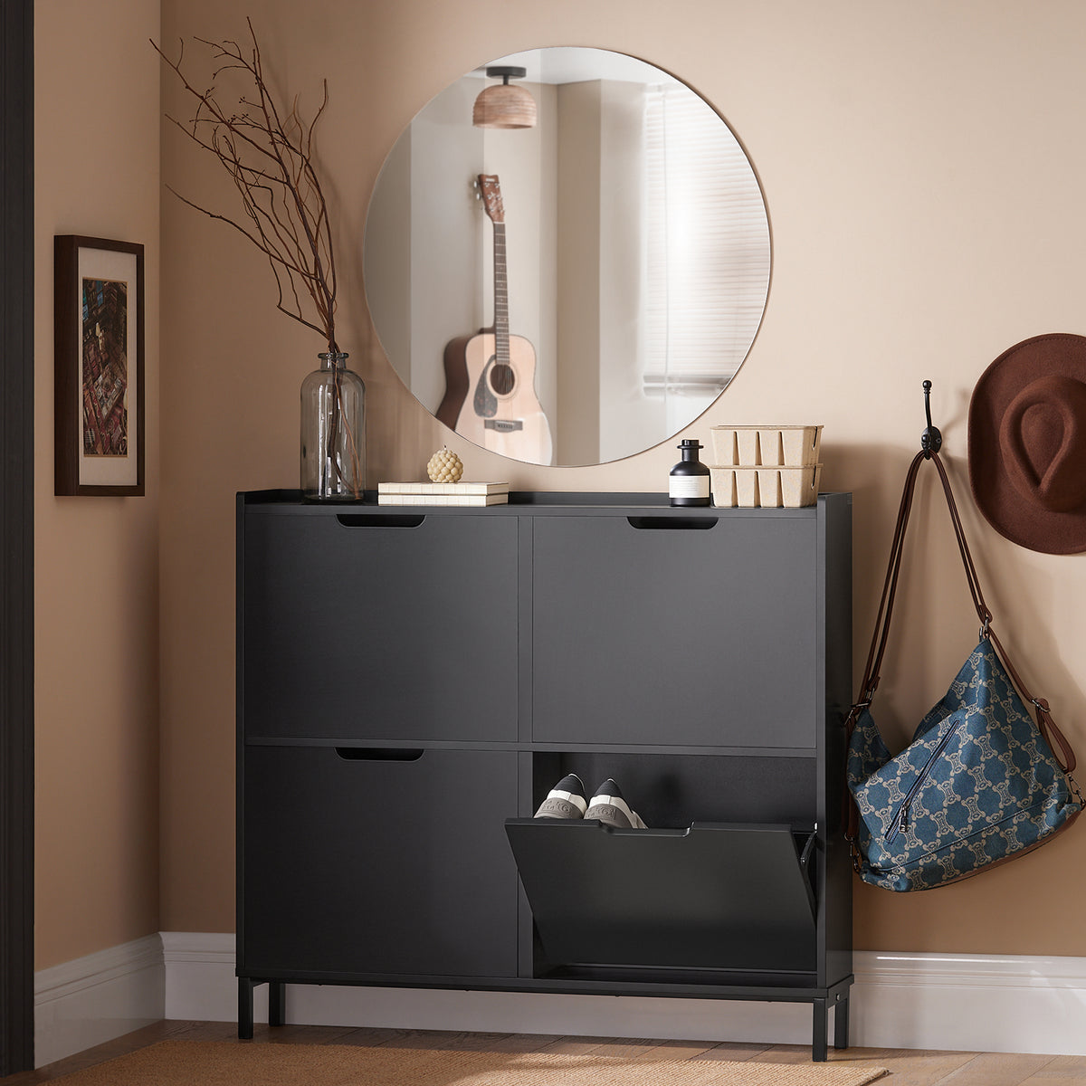 SoBuy FSR100-SCH slim shoe cabinet in hallway setting – 19cm deep black shoe storage cupboard