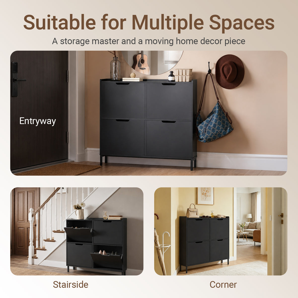 SoBuy FSR100-SCH lifestyle scene – black slim shoe cabinet in modern hallway interior