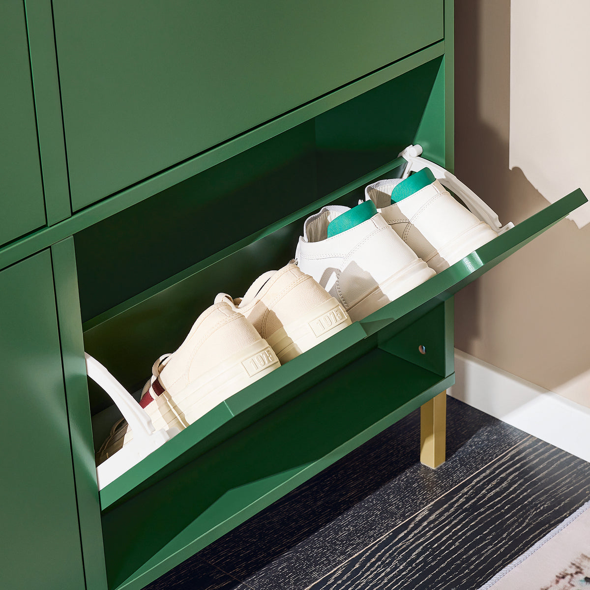 SoBuy FSR100-SY, Narrow Shoe Rack Shoe Cabinet with 4 Flip Drawers Slim Wooden Storage Cupboard for Hallway Entrance Foyer or Understairs Dark Green W100 x D19 x H91cm