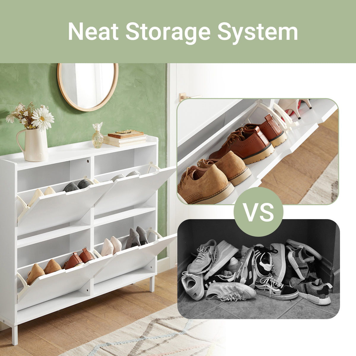 SoBuy FSR100-W, Narrow Shoe Rack Shoe Cabinet with 4 Flip Drawers Slim Wooden Storage Cupboard for Hallway Entrance Foyer or Understairs White W100 x D19 x H91cm
