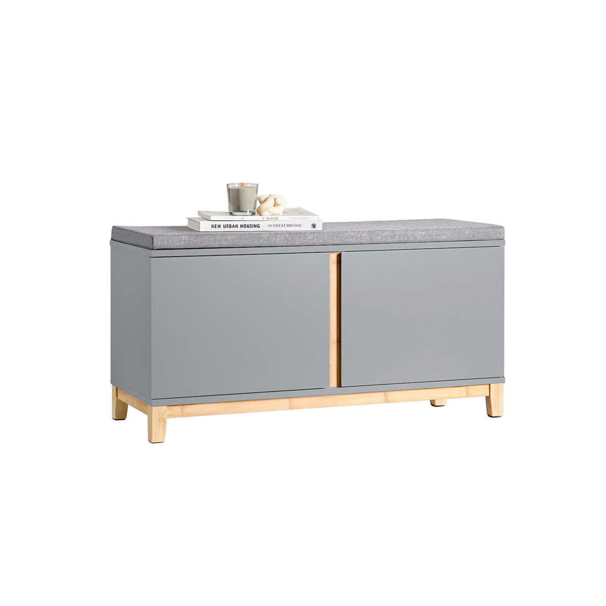 SoBuy FSR117-HG hallway storage bench with cushioned seat and double doors – white background