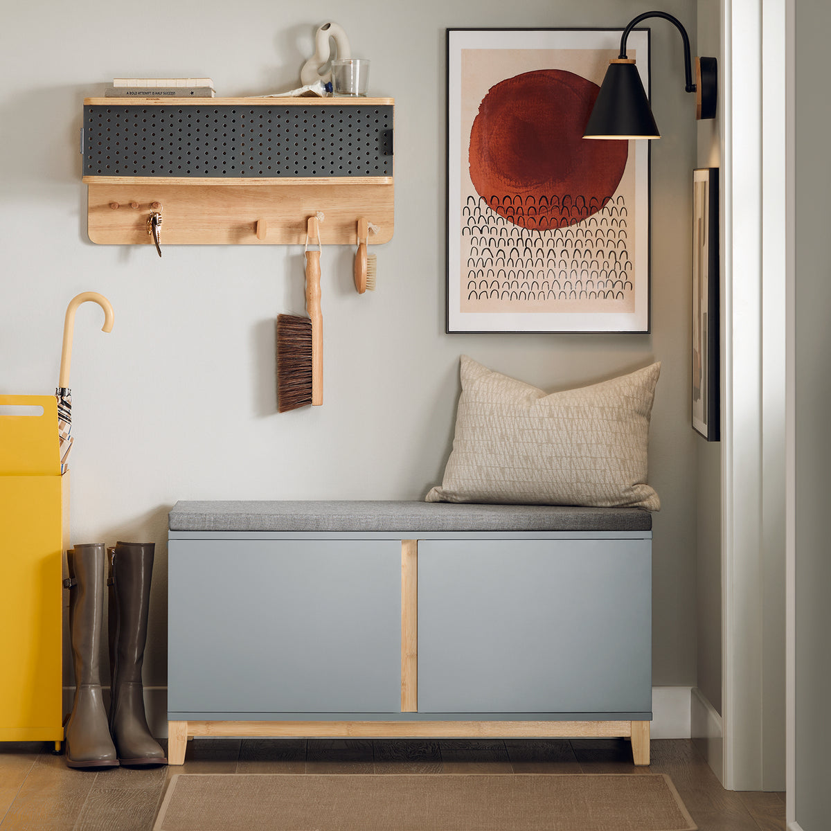 SoBuy FSR117-HG shoe storage bench in hallway setting – double doors open showing 2-tier adjustable shelves