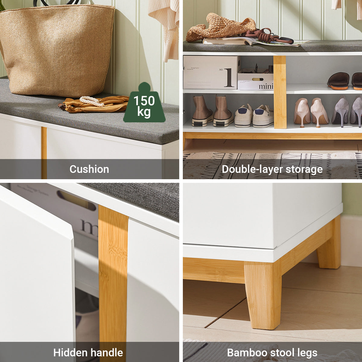 SoBuy FSR117-W Shoe Storage Bench Shoe Rack with Seat Cushion - Large Capacity Cabinet with Adjustable Shelves and 150kg Load - Entryway Hallway Wooden Storage Unit, White W90 x D34 x H47cm