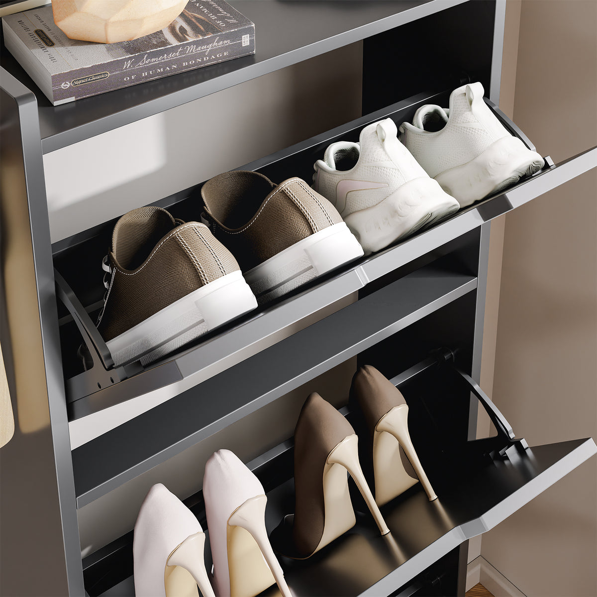 SoBuy FSR151-H-E-SCH, Wall-Mounted Shoe Cabinet with Sensor Light 19 cm for Hallway | Slim LED Shoe Rack for Entryways and Small Flats