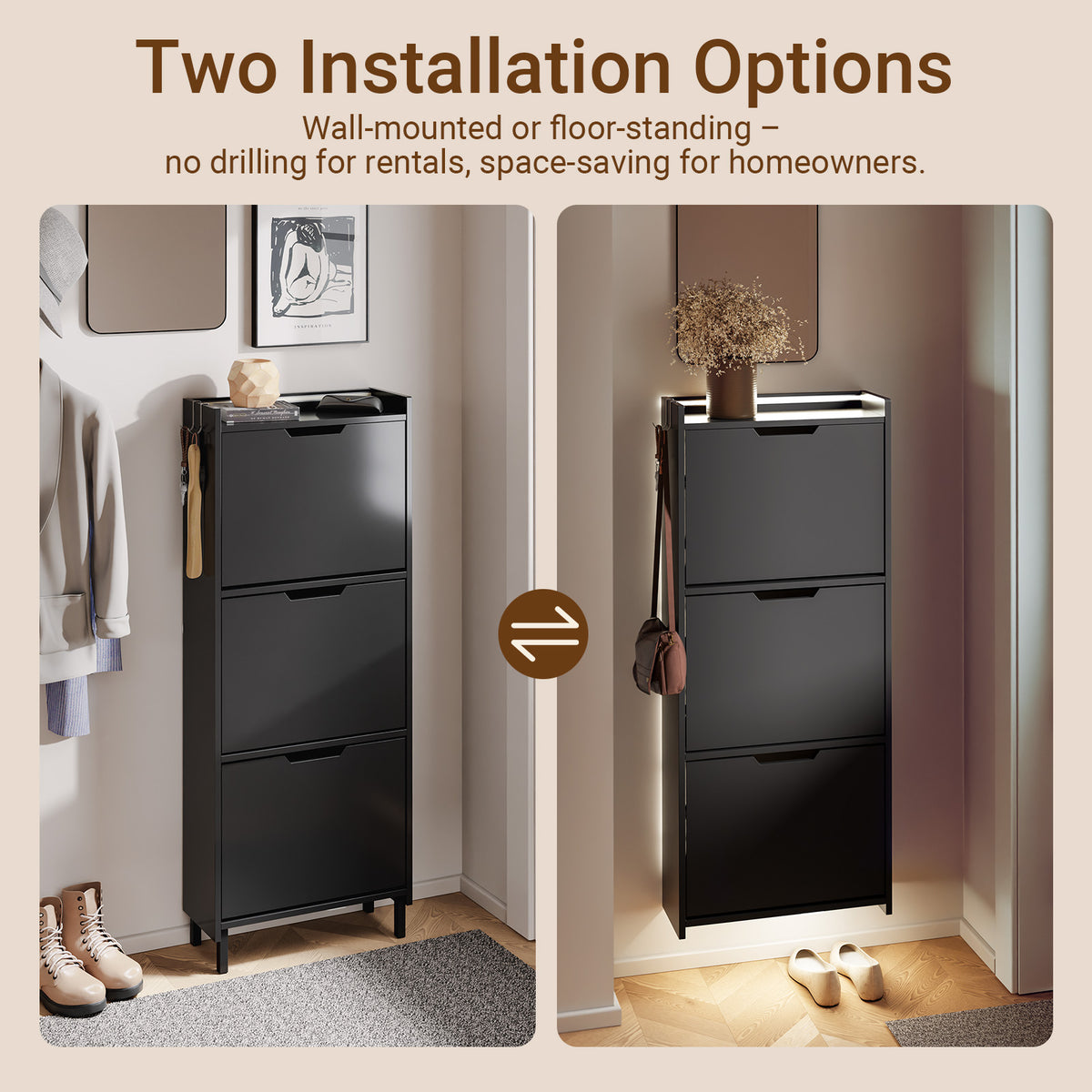 SoBuy FSR151-H-E-SCH, Wall-Mounted Shoe Cabinet with Sensor Light 19 cm for Hallway | Slim LED Shoe Rack for Entryways and Small Flats