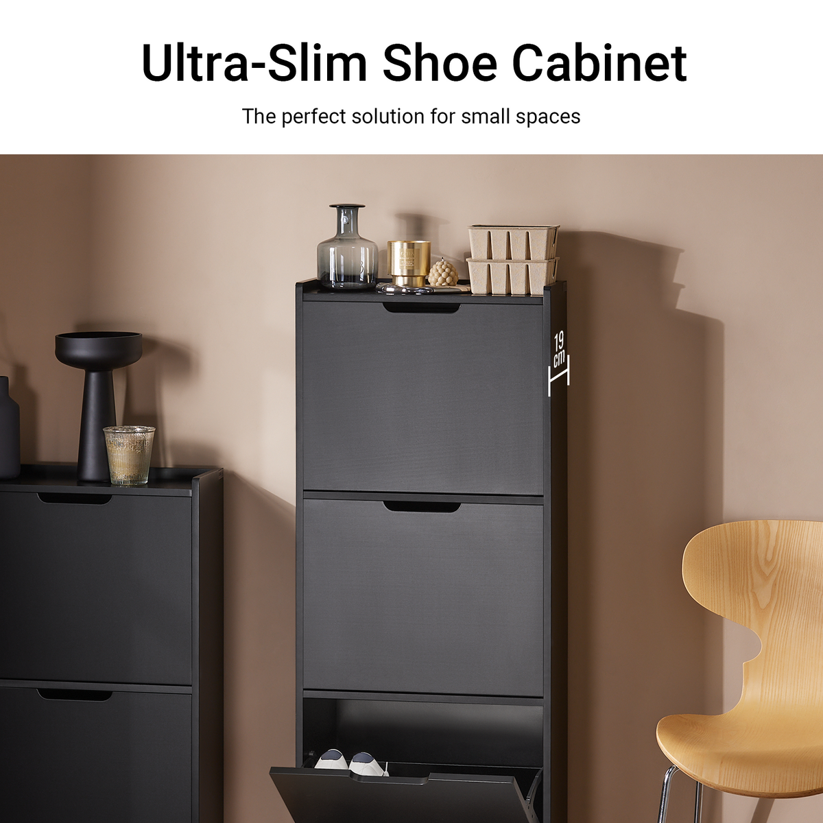 SoBuy FSR151-H-SCH, Narrow Shoe Rack with 3 Flip Drawers Slim Wooden Shoe Storage Cupboard for Hallway Entrance Foyer or Understairs Black W50 x D19 x H129cm