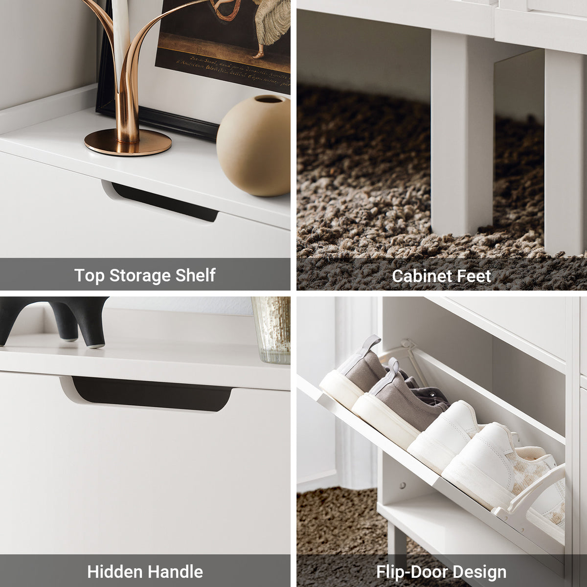 Top surface of white shoe cupboard used as display shelf.