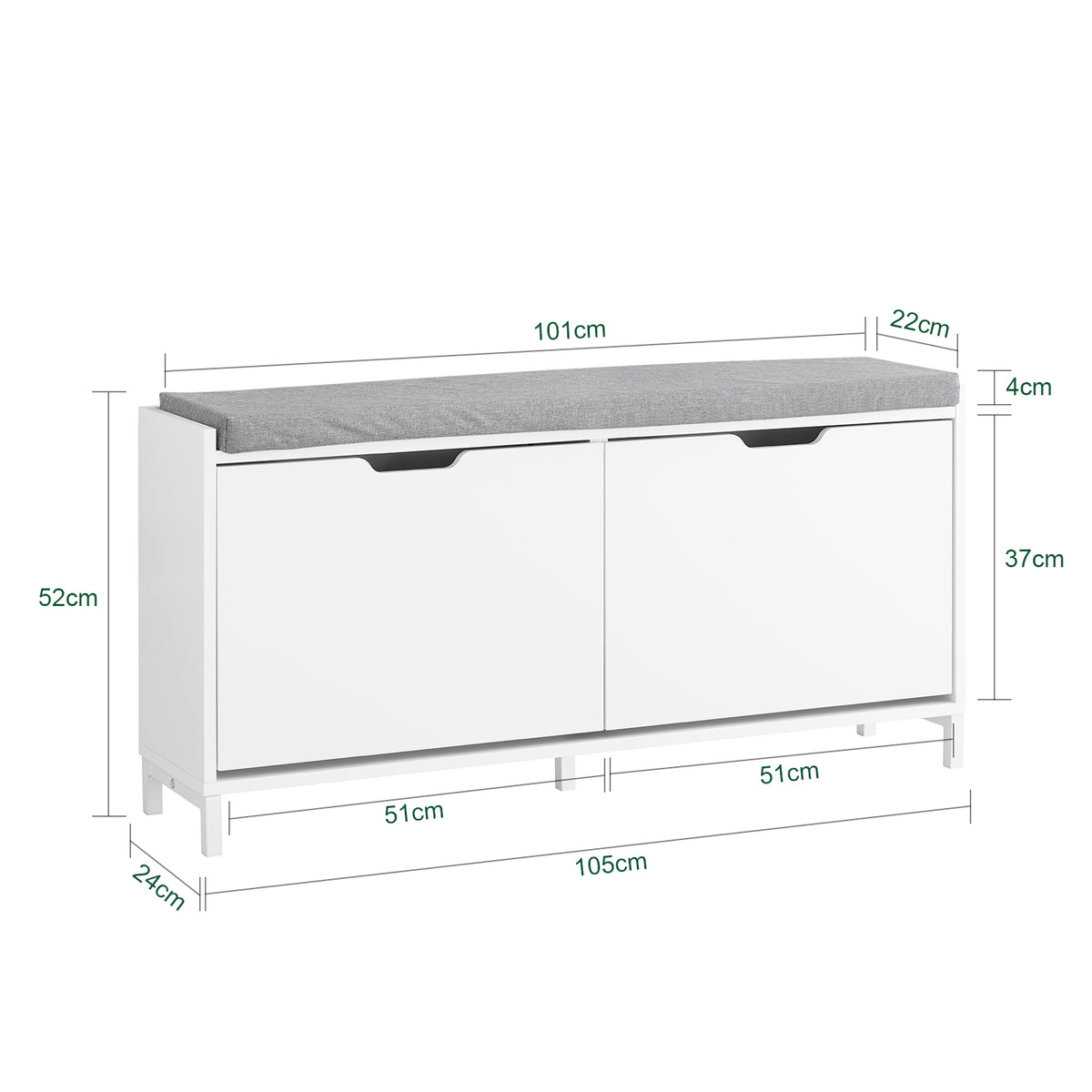 SoBuy FSR151-L-W, Shoe Storage Bench with Cushion Seat – Wooden Shoe Cabinet – Holds 8 Pairs of Shoes – Sturdy Iron Legs – for Entryway & Hallway – White + Grey – 105x24x52 cm