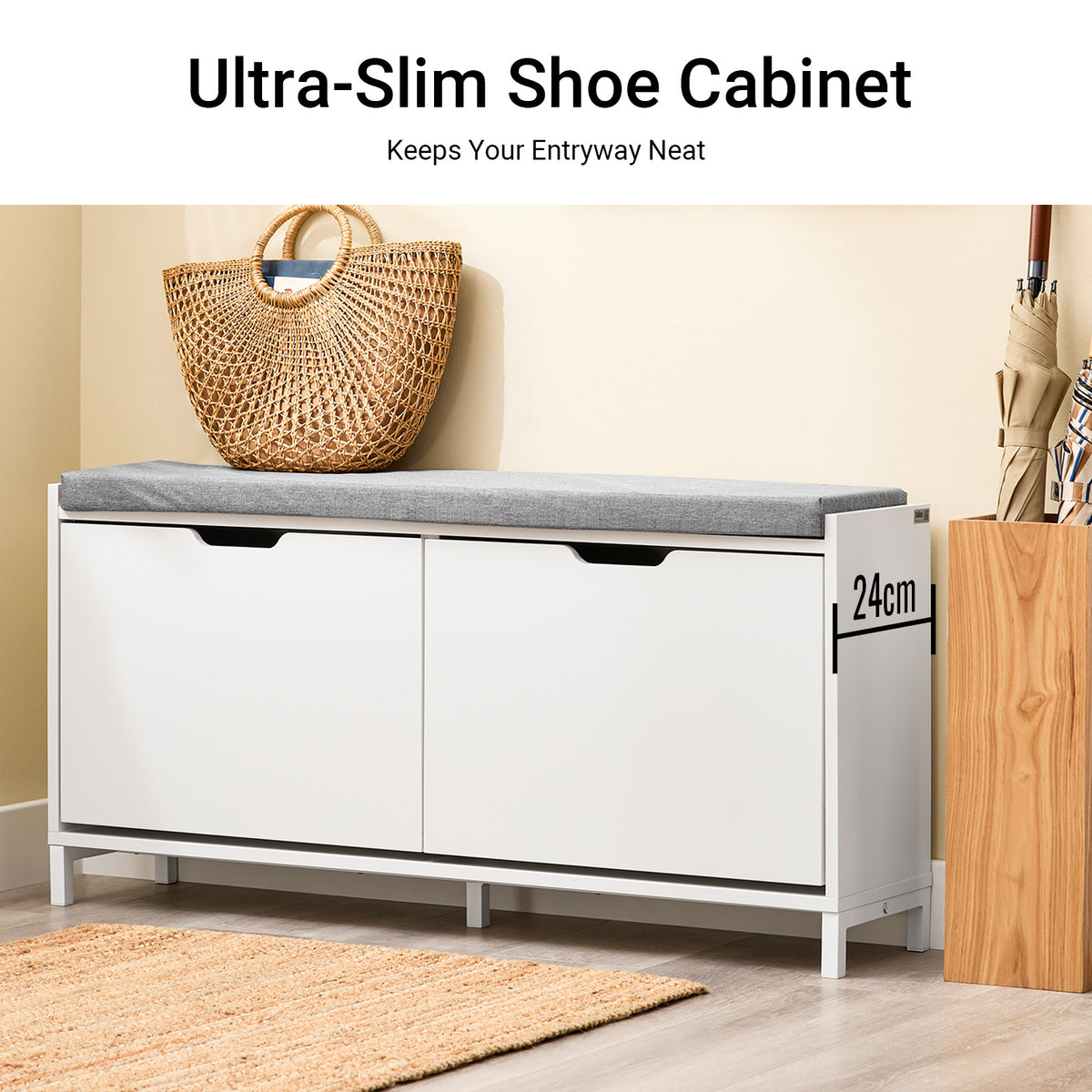 SoBuy FSR151-L-W, Shoe Storage Bench with Cushion Seat – Wooden Shoe Cabinet – Holds 8 Pairs of Shoes – Sturdy Iron Legs – for Entryway & Hallway – White + Grey – 105x24x52 cm