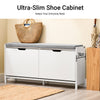 SoBuy FSR151-L-W, Shoe Storage Bench with Cushion Seat – Wooden Shoe Cabinet – Holds 8 Pairs of Shoes – Sturdy Iron Legs – for Entryway & Hallway – White + Grey – 105x24x52 cm