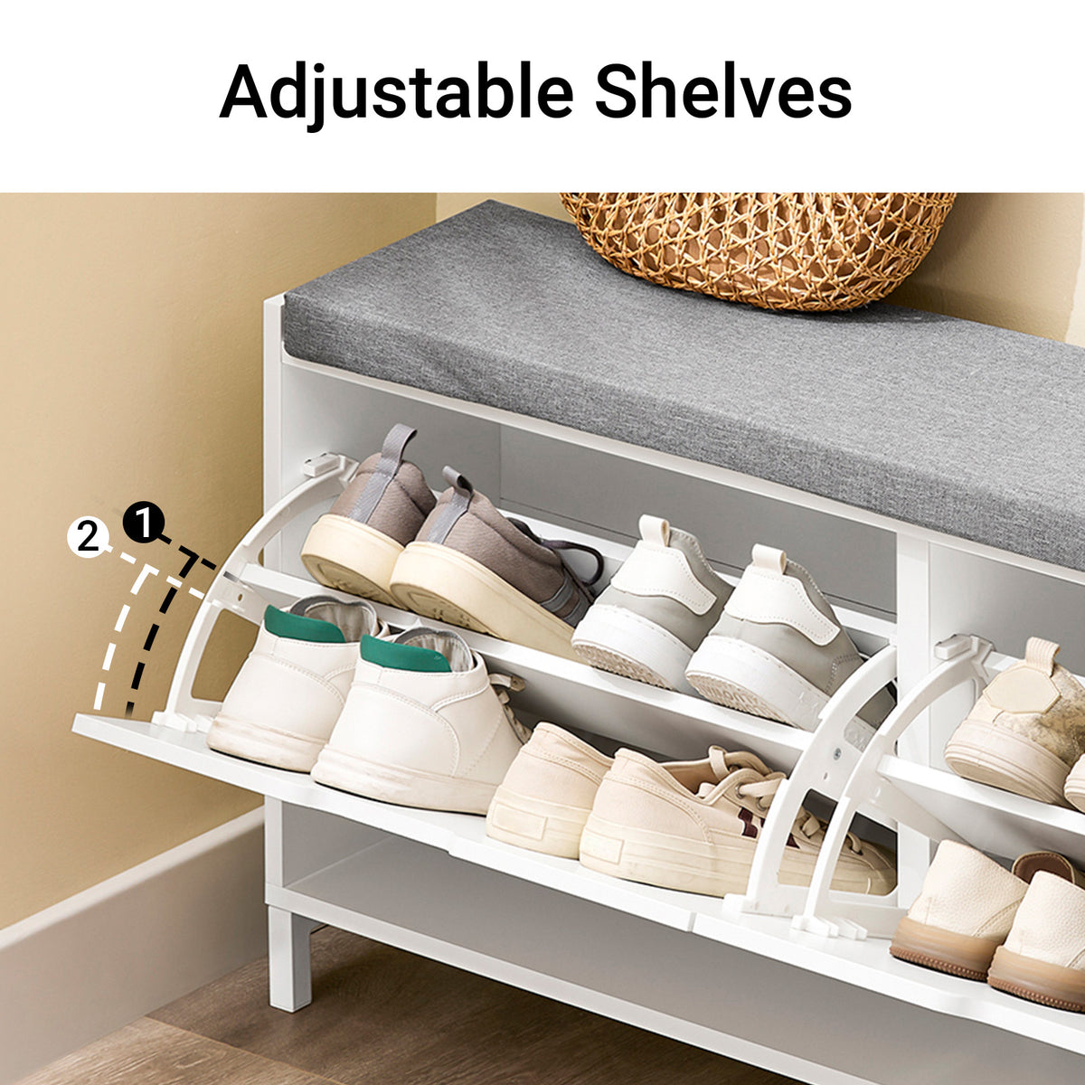 SoBuy FSR151-L-W, Shoe Storage Bench with Cushion Seat – Wooden Shoe Cabinet – Holds 8 Pairs of Shoes – Sturdy Iron Legs – for Entryway & Hallway – White + Grey – 105x24x52 cm
