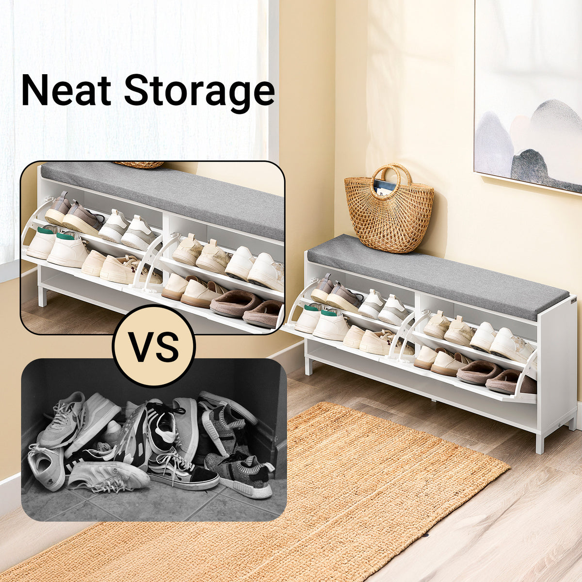 SoBuy FSR151-L-W, Shoe Storage Bench with Cushion Seat – Wooden Shoe Cabinet – Holds 8 Pairs of Shoes – Sturdy Iron Legs – for Entryway & Hallway – White + Grey – 105x24x52 cm