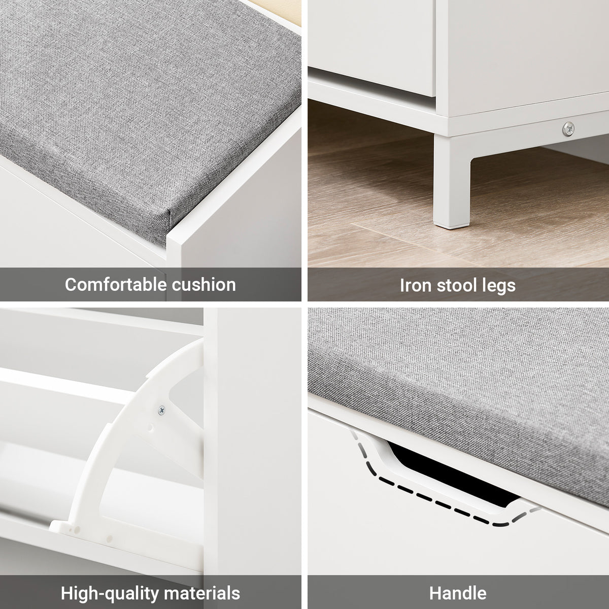 SoBuy FSR151-L-W, Shoe Storage Bench with Cushion Seat – Wooden Shoe Cabinet – Holds 8 Pairs of Shoes – Sturdy Iron Legs – for Entryway & Hallway – White + Grey – 105x24x52 cm
