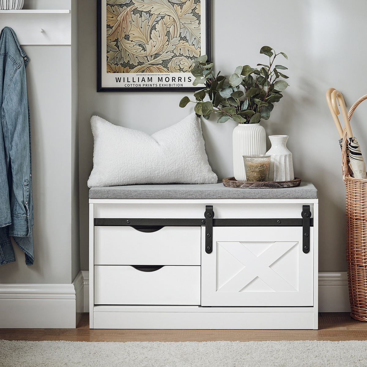 SoBuy FSR153-W, Hallway Shoe Bench Shoe Rack Shoe Cabinet with a Sliding Door and Seat Cushion White W80 x D30 x H49cm