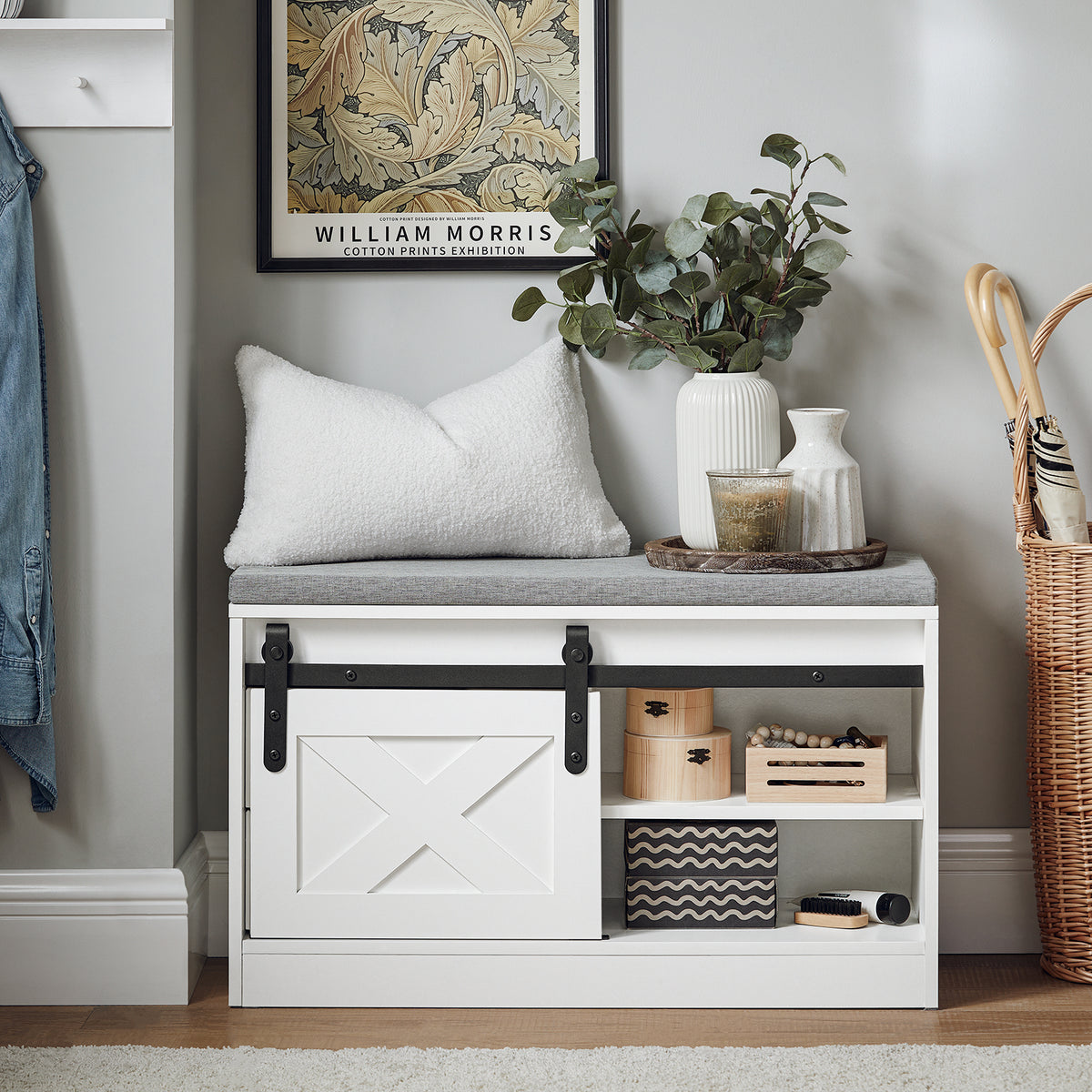 SoBuy FSR153-W, Hallway Shoe Bench Shoe Rack Shoe Cabinet with a Sliding Door and Seat Cushion White W80 x D30 x H49cm