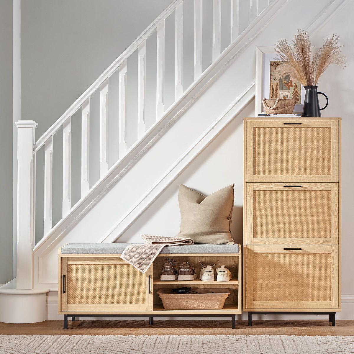 SoBuy FSR154-N, Hallway Storage Bench Shoe Bench Shoe Rack Shoe Cabinet with 2 Sliding Doors and Seat Cushion, Wood