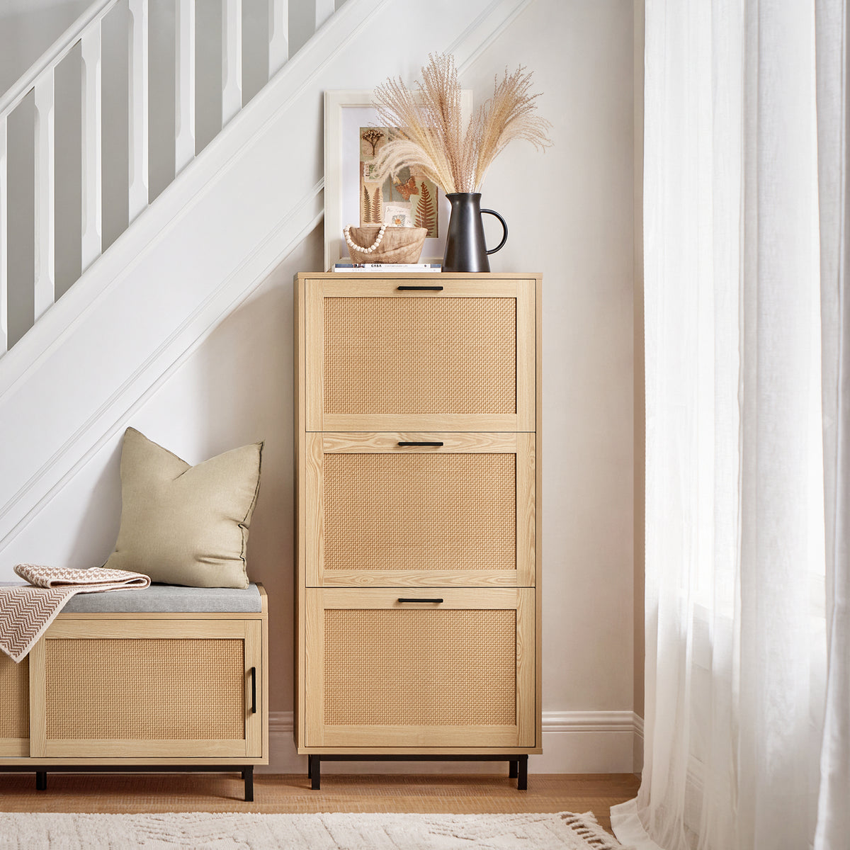 SoBuy FSR155-N, 3 Flip-drawers Shoe Cabinet Shoe Rack Shoe Storage Cupboard Organizer, Natural, W60 x D24 x H127cm