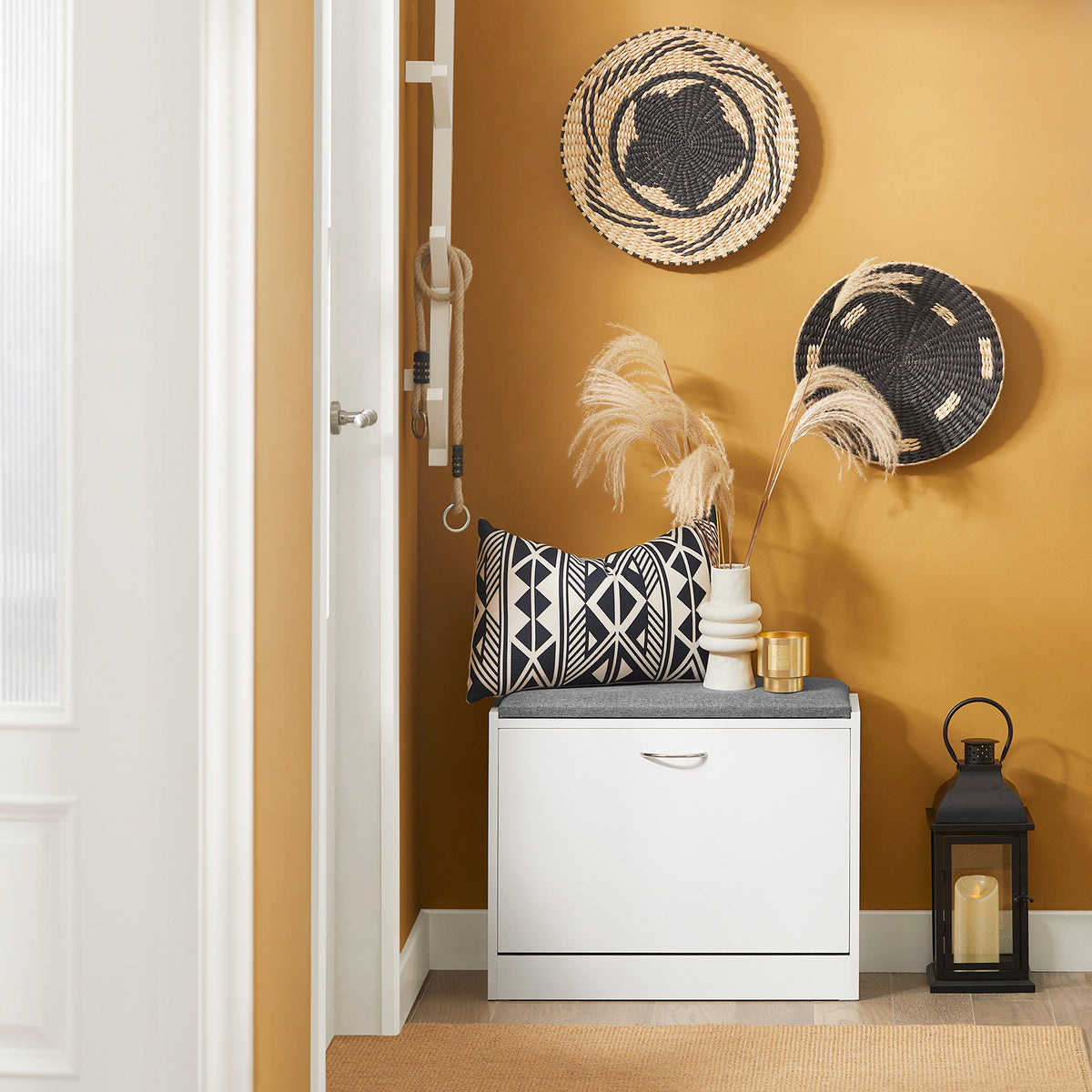 SoBuy FSR16-K-W, Hallway Shoe Bench Cabinet with Flip-drawer and Seat Cushion, White