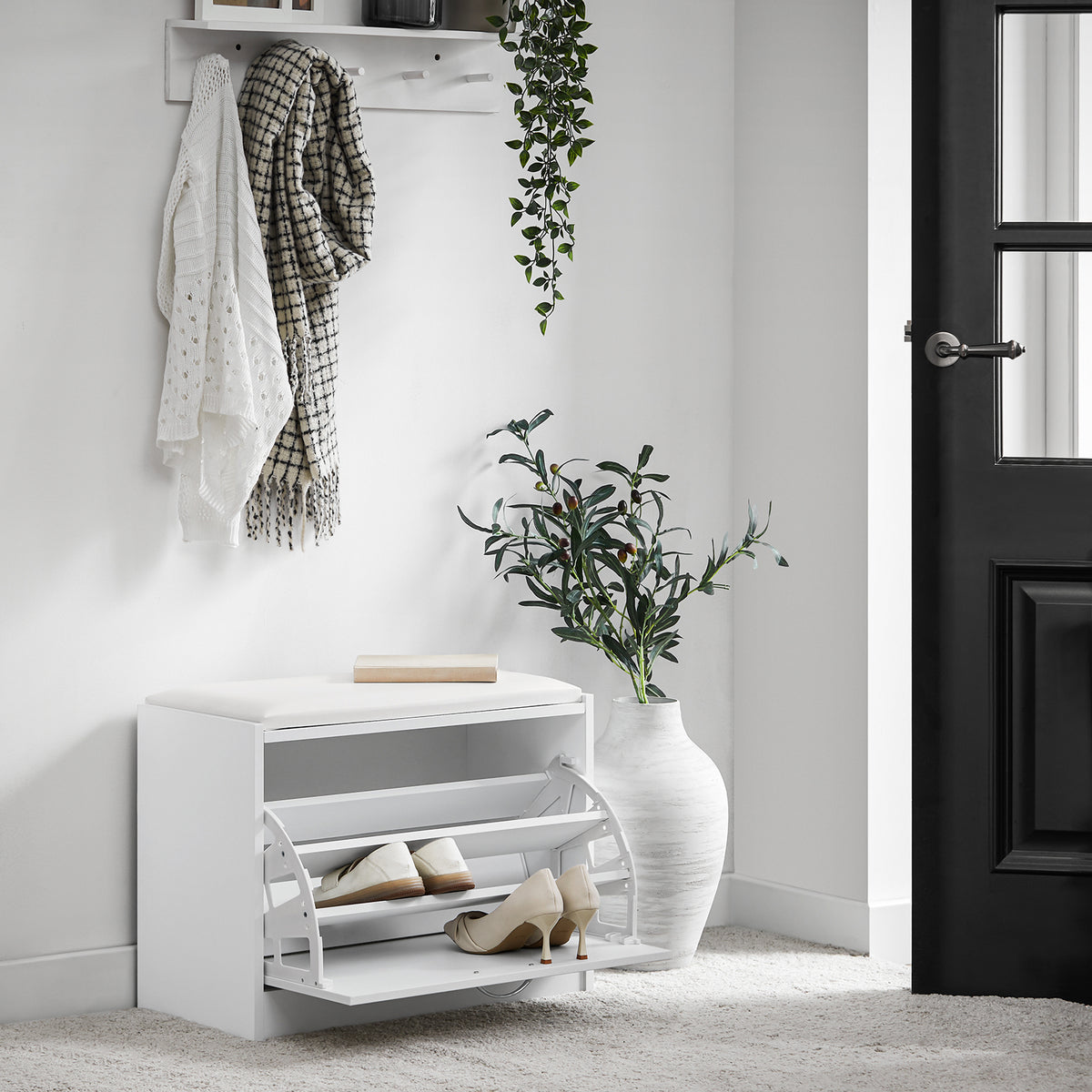 SoBuy FSR16-W, White Shoe Storage Bench with Flip-drawer, Shoe Cabinet with Seat Cushion, White