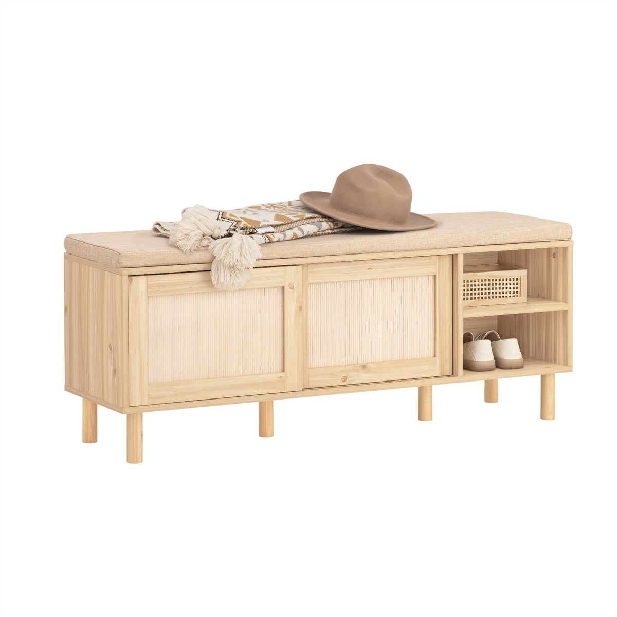 SoBuy FSR163-N, Wooden Shoe Storage Bench with Seat Cushion – Shoe Rack Cabinet with Sliding Doors, 6 Compartments for Entryway, Hallway or Bedroom – 230kg Load, 121×35×49cm