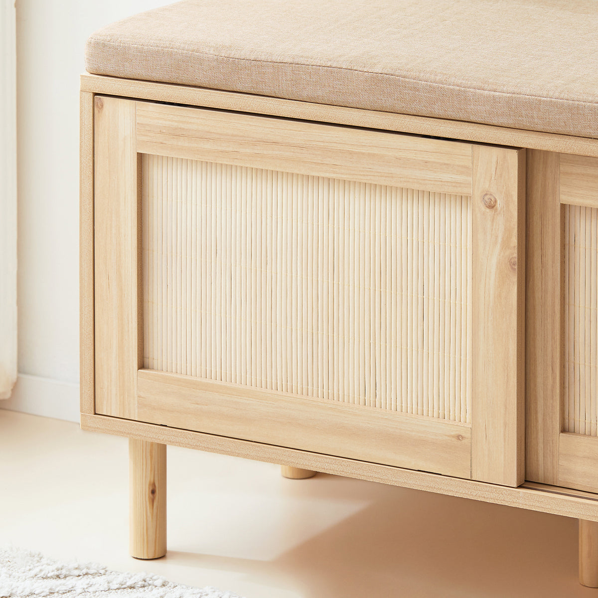 SoBuy FSR163-N, Wooden Shoe Storage Bench with Seat Cushion – Shoe Rack Cabinet with Sliding Doors, 6 Compartments for Entryway, Hallway or Bedroom – 230kg Load, 121×35×49cm