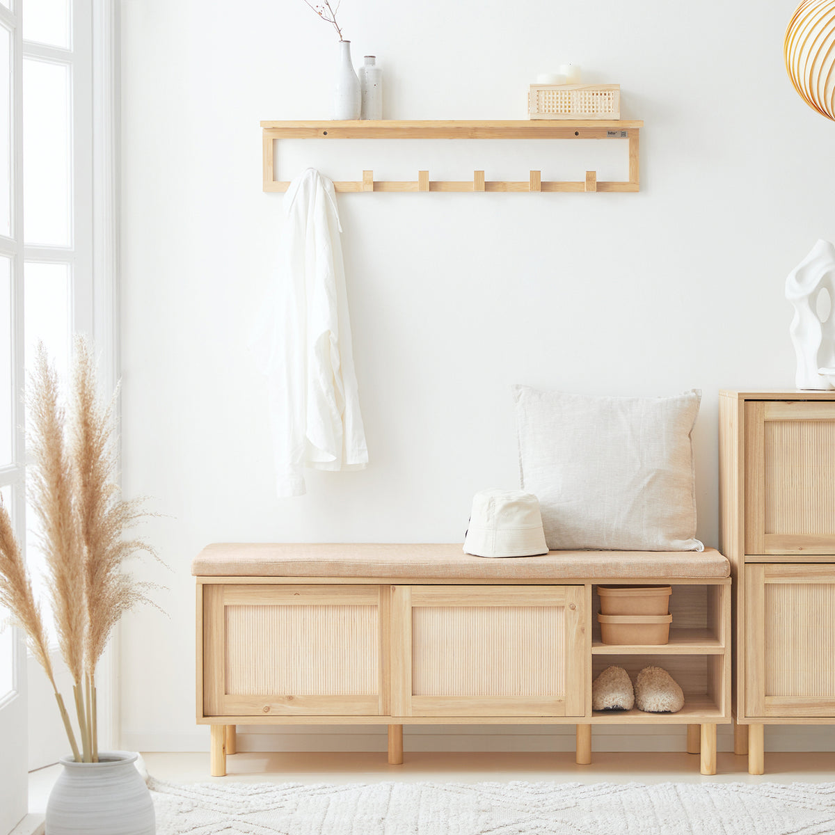 SoBuy FSR163-N, Wooden Shoe Storage Bench with Seat Cushion – Shoe Rack Cabinet with Sliding Doors, 6 Compartments for Entryway, Hallway or Bedroom – 230kg Load, 121×35×49cm