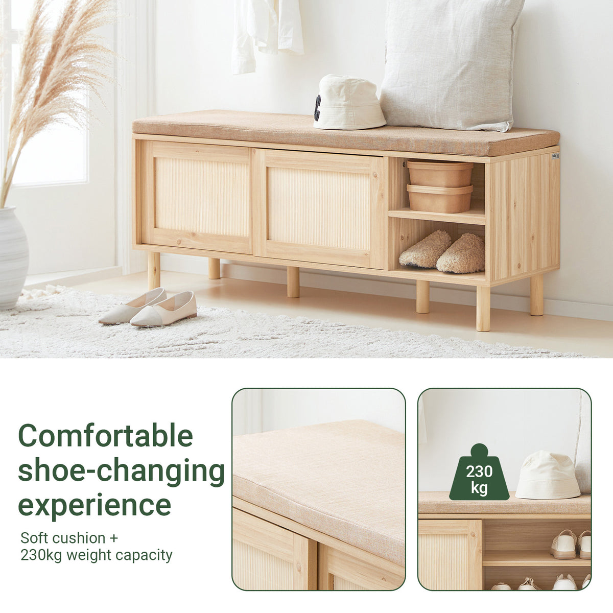 SoBuy FSR163-N, Wooden Shoe Storage Bench with Seat Cushion – Shoe Rack Cabinet with Sliding Doors, 6 Compartments for Entryway, Hallway or Bedroom – 230kg Load, 121×35×49cm