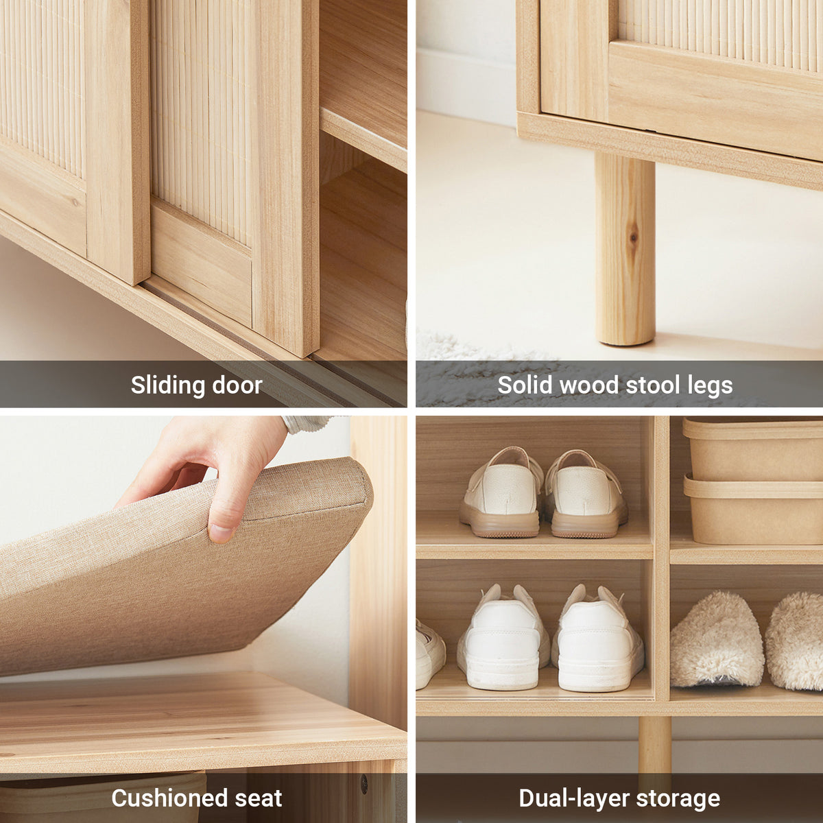 SoBuy FSR163-N, Wooden Shoe Storage Bench with Seat Cushion – Shoe Rack Cabinet with Sliding Doors, 6 Compartments for Entryway, Hallway or Bedroom – 230kg Load, 121×35×49cm