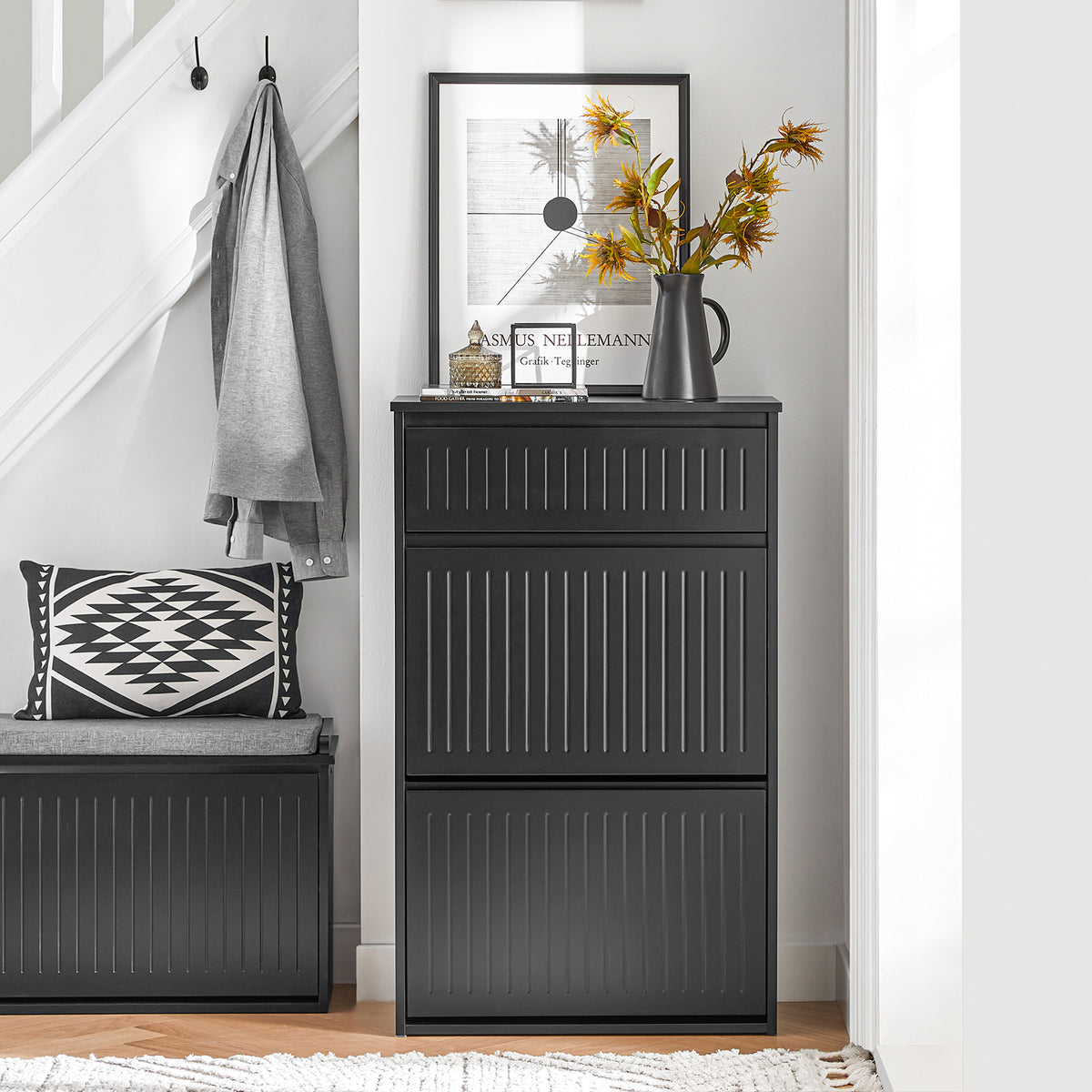 Slim black hallway shoe storage cabinet in entryway scene – SoBuy FSR165-SCH