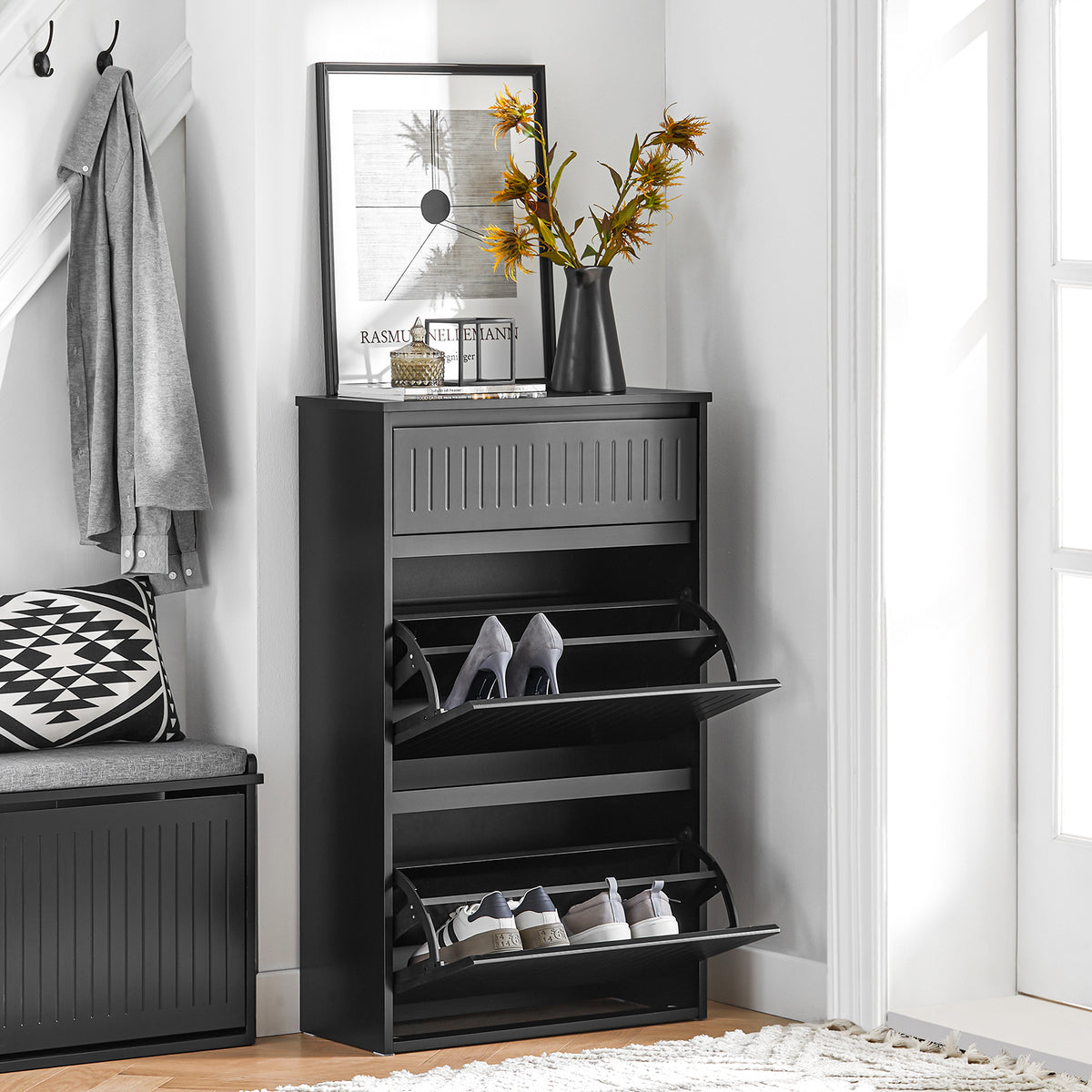 Black shoe cabinet with flip drawers styled in narrow corridor hallway scene – SoBuy FSR165-SCH