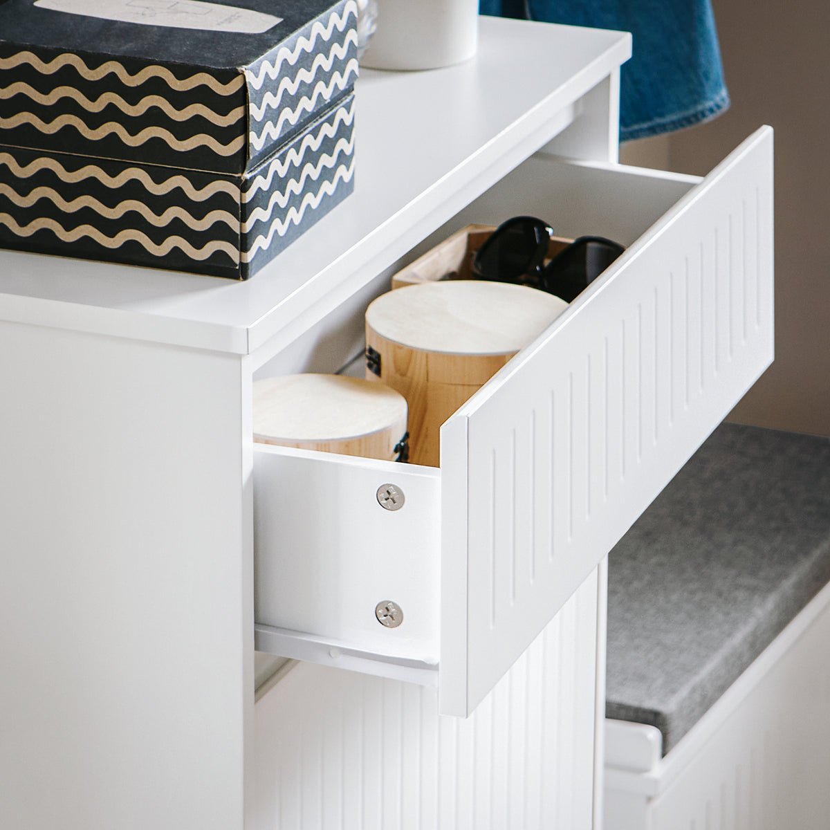 Slim white shoe cabinet 26cm deep in narrow UK hallway entryway modern minimalist