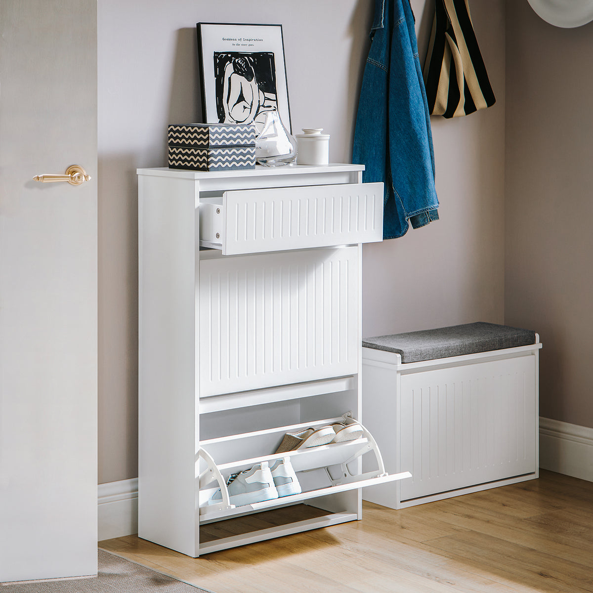 FSR165-W white shoe cabinet modular set with FSR98 coordinated hallway storage system