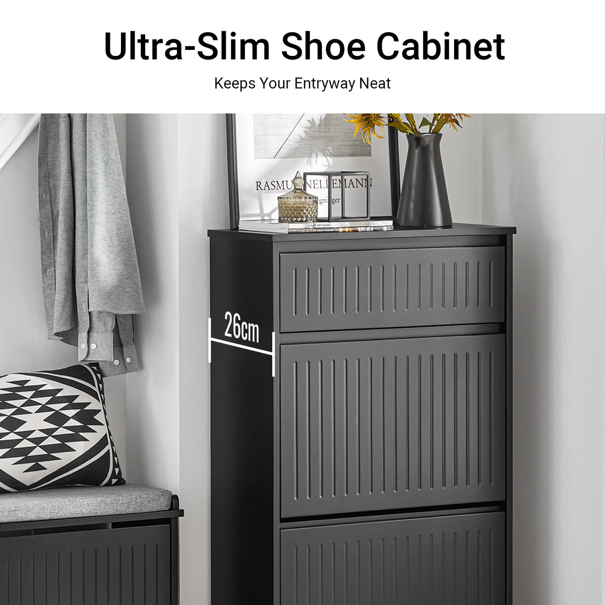SoBuy FSR165-SCH slim black shoe cupboard in modern home entryway – hallway organiser UK