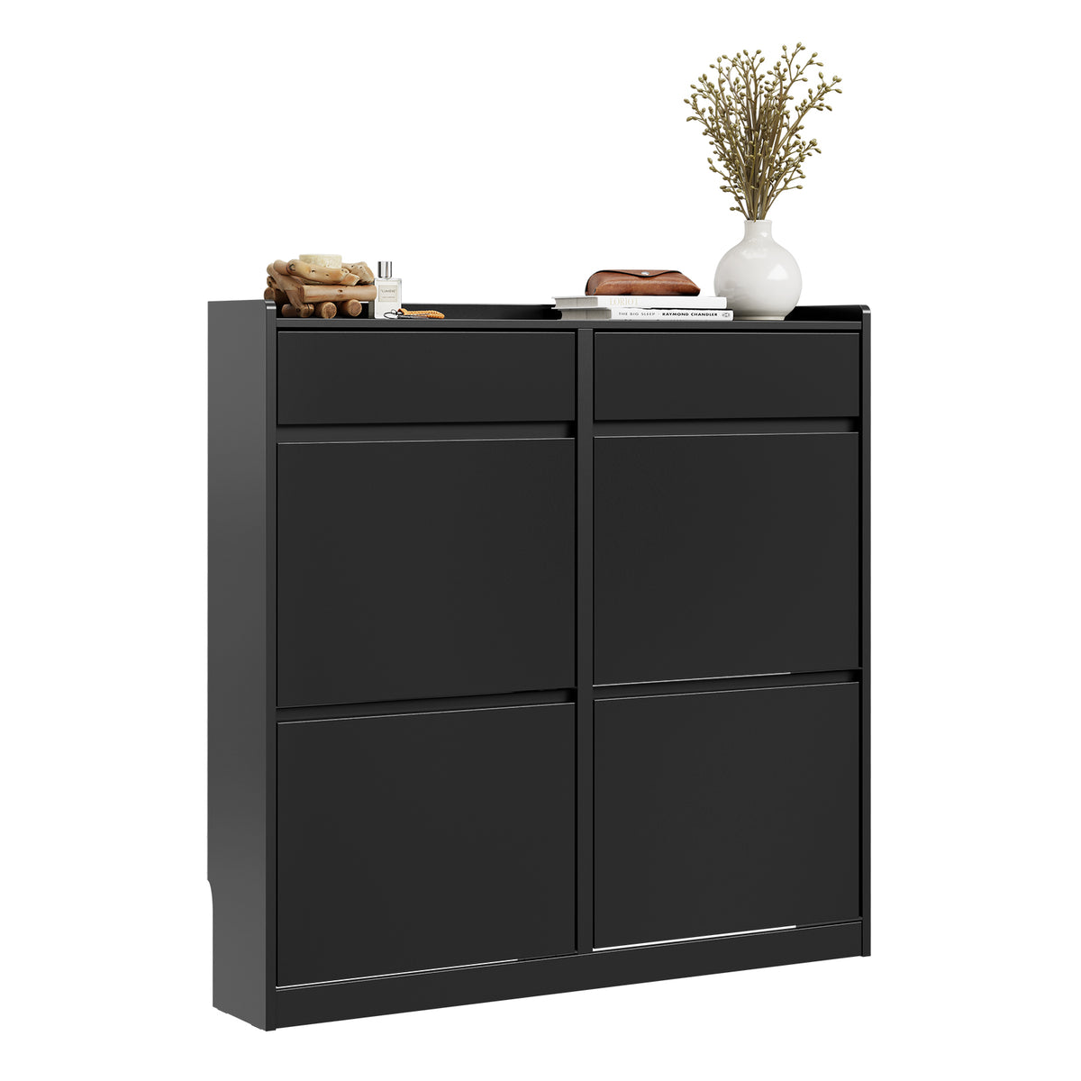 SoBuy FSR169-SCH, Slim Shoe Cabinet 98cm Wide with 4 Flip Drawers for Hallway | Narrow Shoe Storage Unit with 2 Pull-Out Drawers, Space-Saving Shoe Cupboard for Entryway, Black MDF, 98x19x95cm