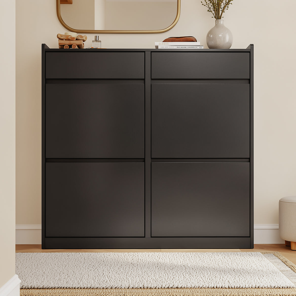 SoBuy FSR169-SCH, Slim Shoe Cabinet 98cm Wide with 4 Flip Drawers for Hallway | Narrow Shoe Storage Unit with 2 Pull-Out Drawers, Space-Saving Shoe Cupboard for Entryway, Black MDF, 98x19x95cm