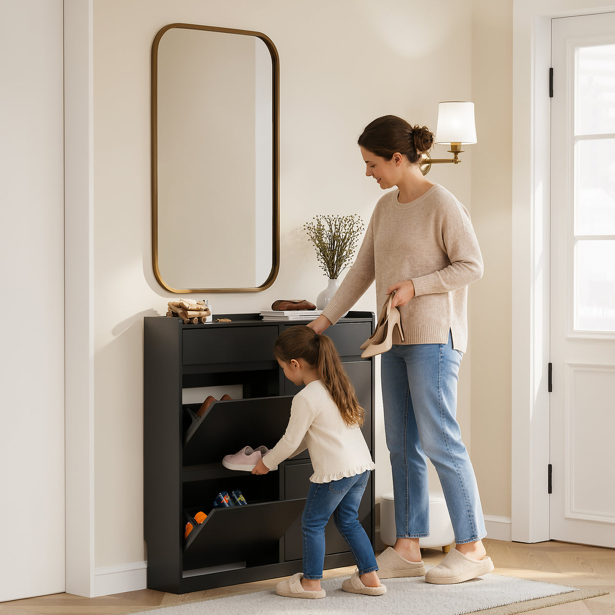 Pre-sale SoBuy FSR169-SCH, Slim Shoe Cabinet 98cm Wide with 4 Flip Drawers for Hallway | Narrow Shoe Storage Unit with 2 Pull-Out Drawers, Space-Saving Shoe Cupboard for Entryway, Black MDF, 98x19x95cm