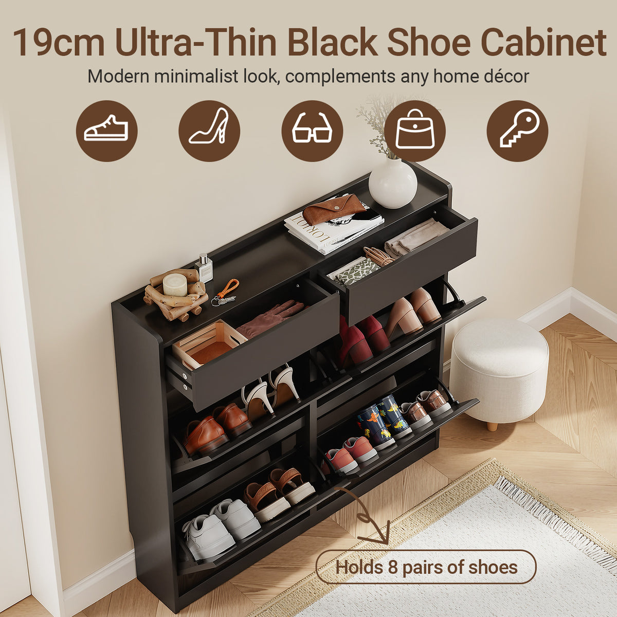 Pre-sale SoBuy FSR169-SCH, Slim Shoe Cabinet 98cm Wide with 4 Flip Drawers for Hallway | Narrow Shoe Storage Unit with 2 Pull-Out Drawers, Space-Saving Shoe Cupboard for Entryway, Black MDF, 98x19x95cm