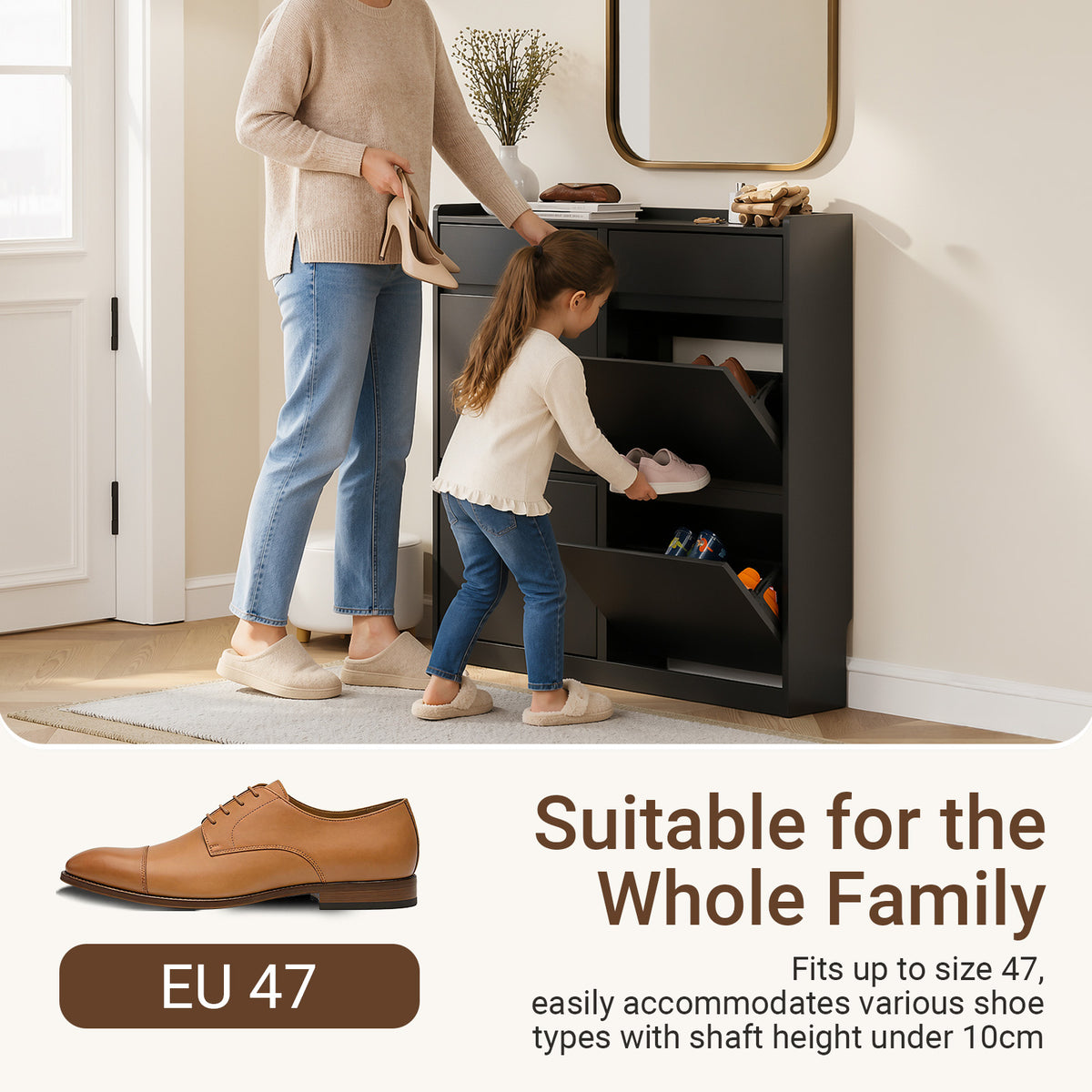 Pre-sale SoBuy FSR169-SCH, Slim Shoe Cabinet 98cm Wide with 4 Flip Drawers for Hallway | Narrow Shoe Storage Unit with 2 Pull-Out Drawers, Space-Saving Shoe Cupboard for Entryway, Black MDF, 98x19x95cm