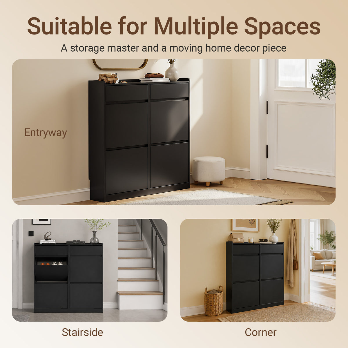 Pre-sale SoBuy FSR169-SCH, Slim Shoe Cabinet 98cm Wide with 4 Flip Drawers for Hallway | Narrow Shoe Storage Unit with 2 Pull-Out Drawers, Space-Saving Shoe Cupboard for Entryway, Black MDF, 98x19x95cm